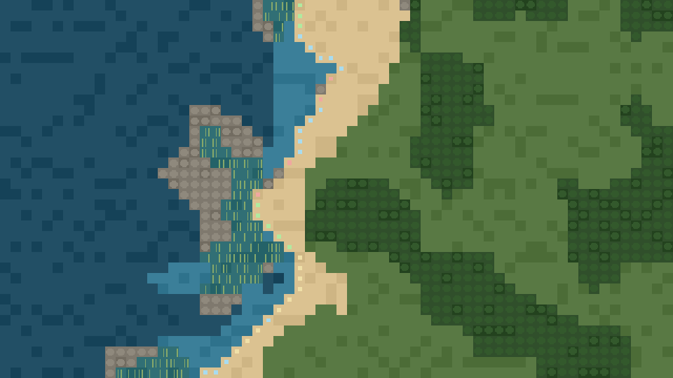 A whole coastline from above, with bays and headlands. Small coloured squares mark every place you can fish from, tinted by the water each one fishes.