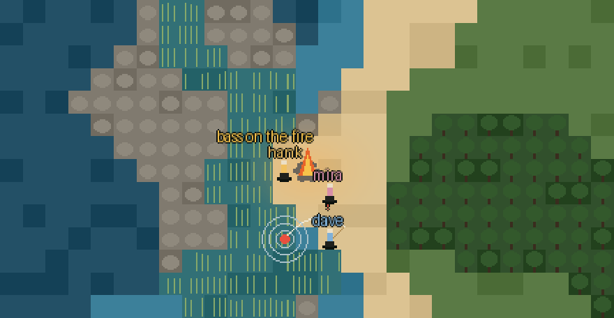 A fire burning on the sand, throwing warm light across the beach. One person stands beside it with a bass on the fire, another warms themselves, and a third is fishing a few paces away with a bite on the line.